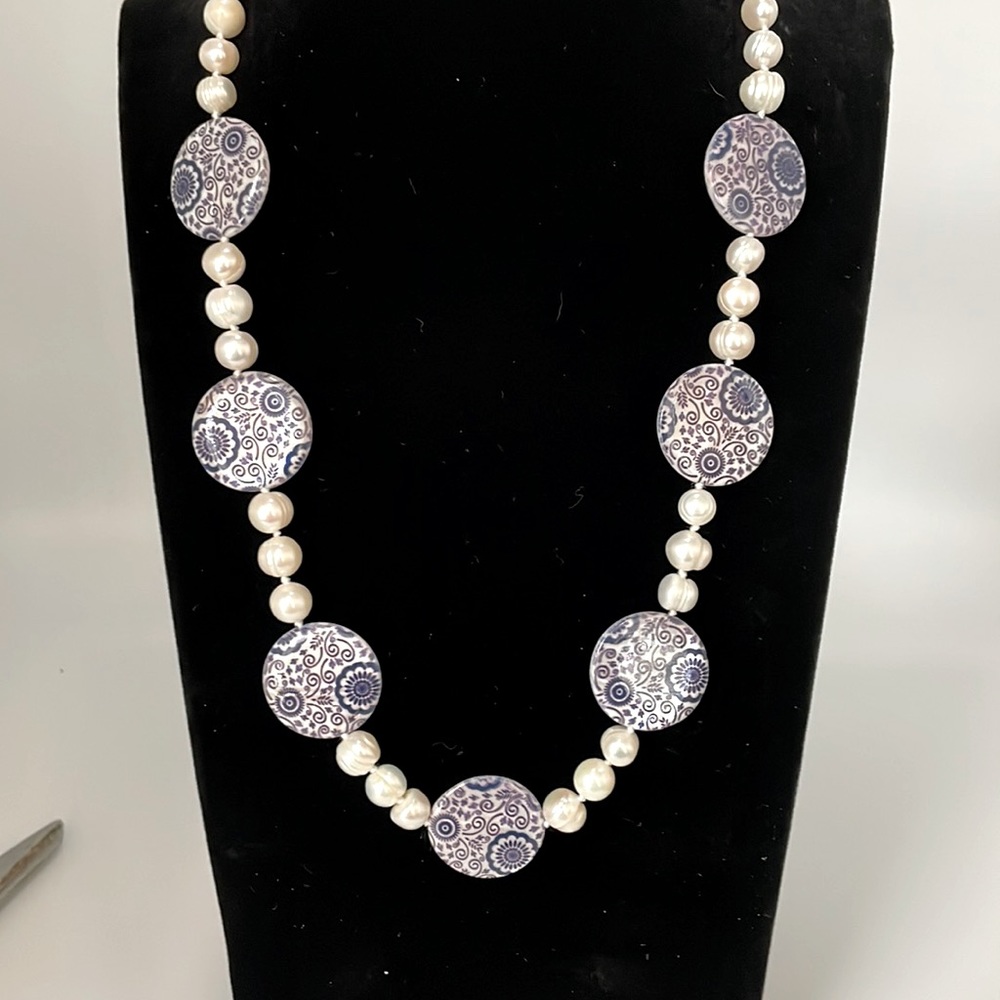 🌸Natural Freshwater Pearl Sterling 925 Necklace w/ Blue Design Stations 21” EUC
